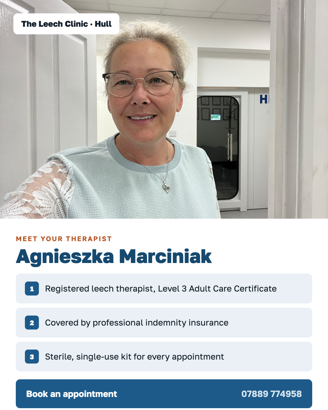 Meet your therapist — Agnieszka, registered and fully insured.